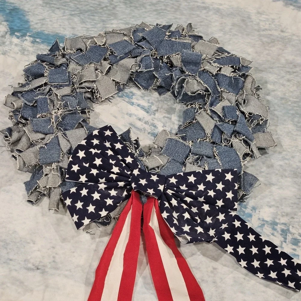 Handmade Denim Wreath Patriotic Americana Red‎ White Blue Rustic Wall Decor